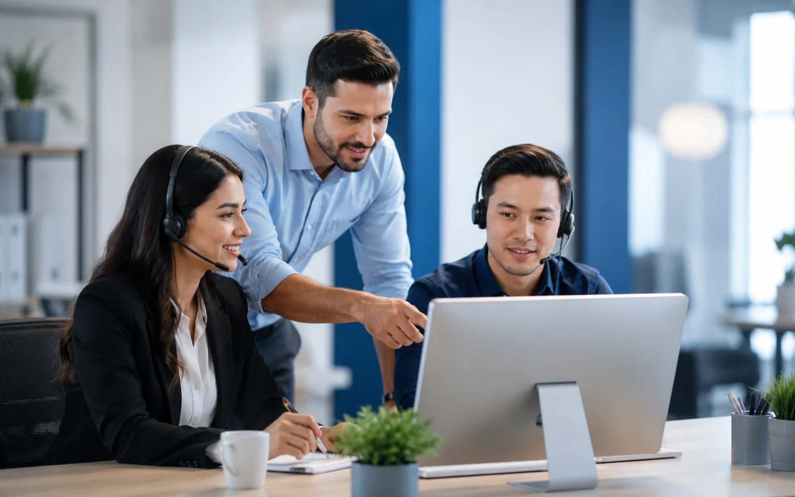 Customer support team and supervisor reviewing service quality and support performance