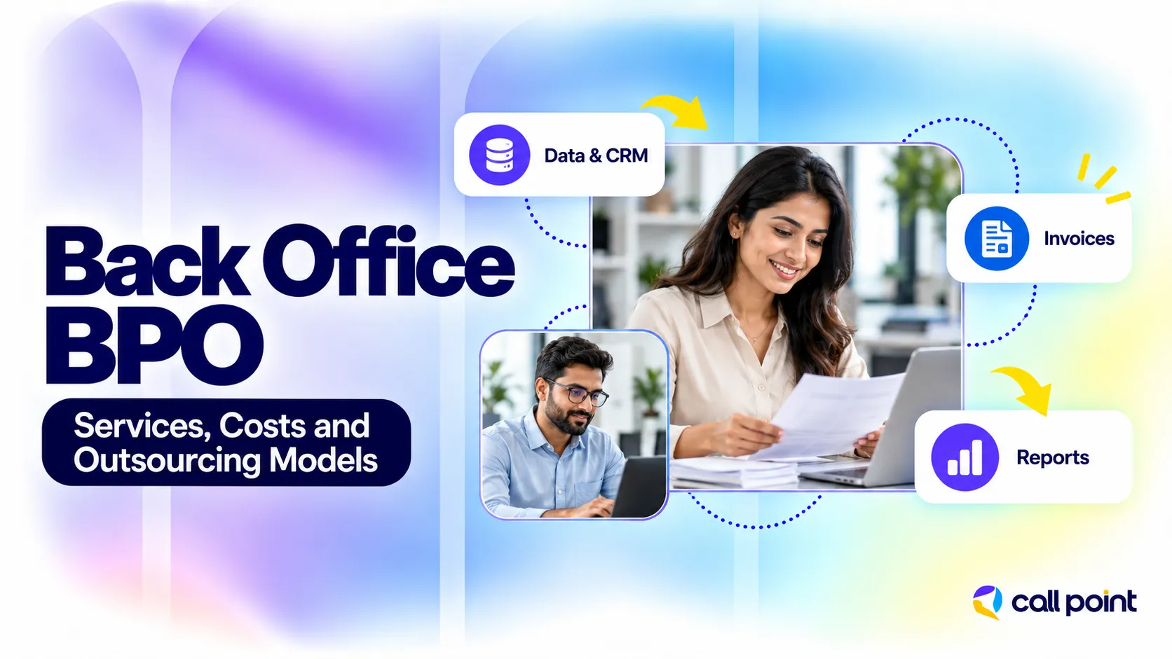 Back office BPO services, costs and outsourcing models, illustrated by professionals handling records, invoices and reports.