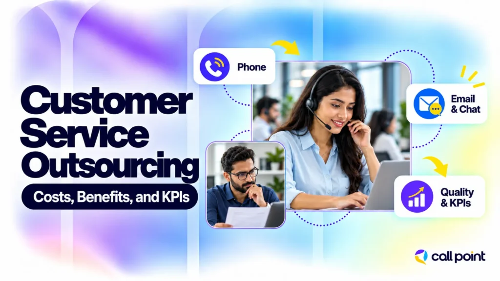 Customer service outsourcing overview featuring support agents, phone, email, chat, and quality monitoring.