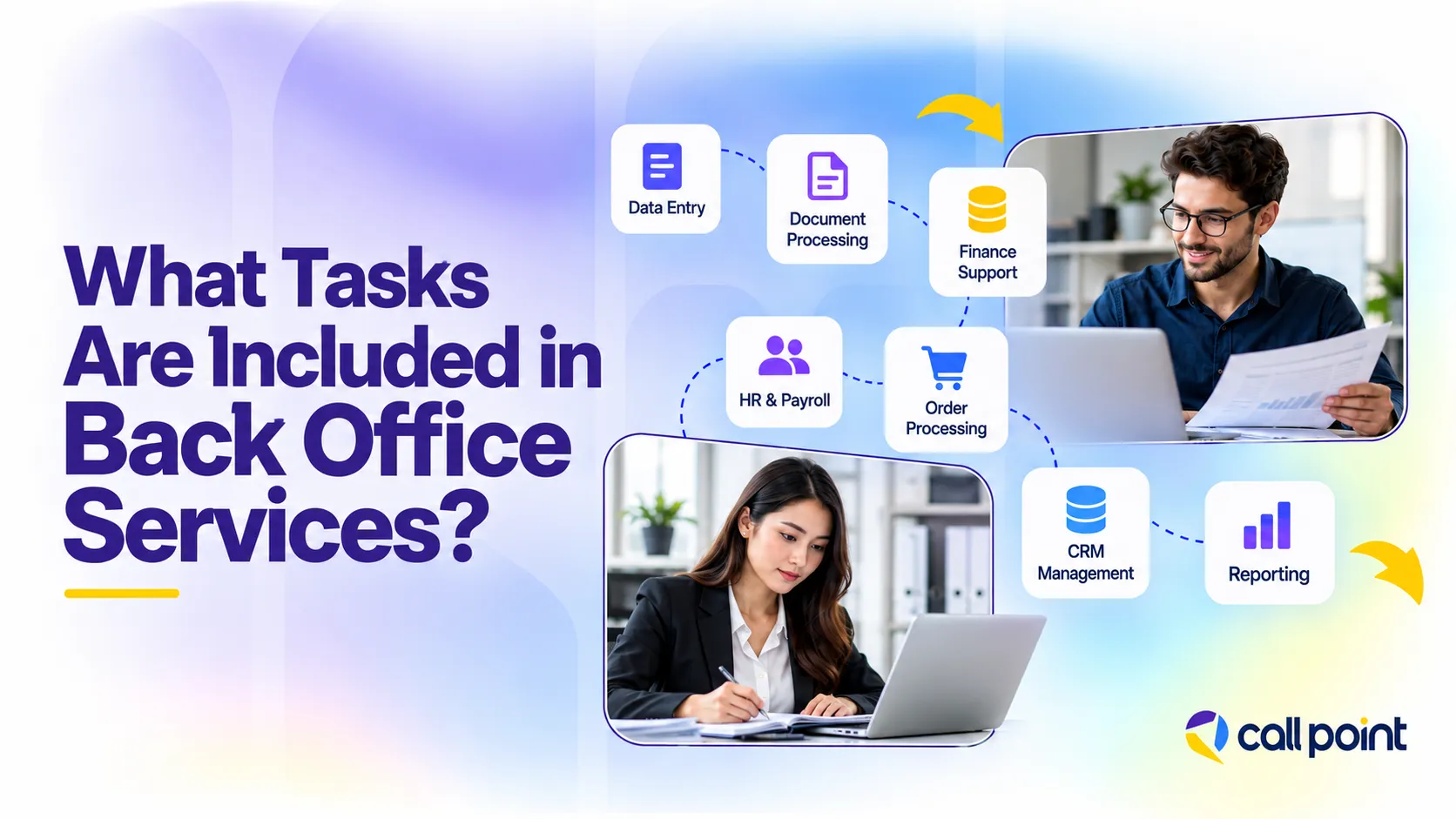 Back office tasks including data entry, document processing, finance support, HR, CRM and reporting