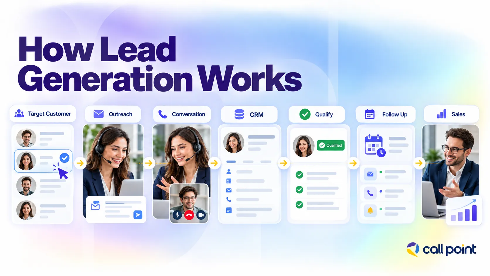 Lead generation process from target customer and outreach to qualification, follow-up and sales