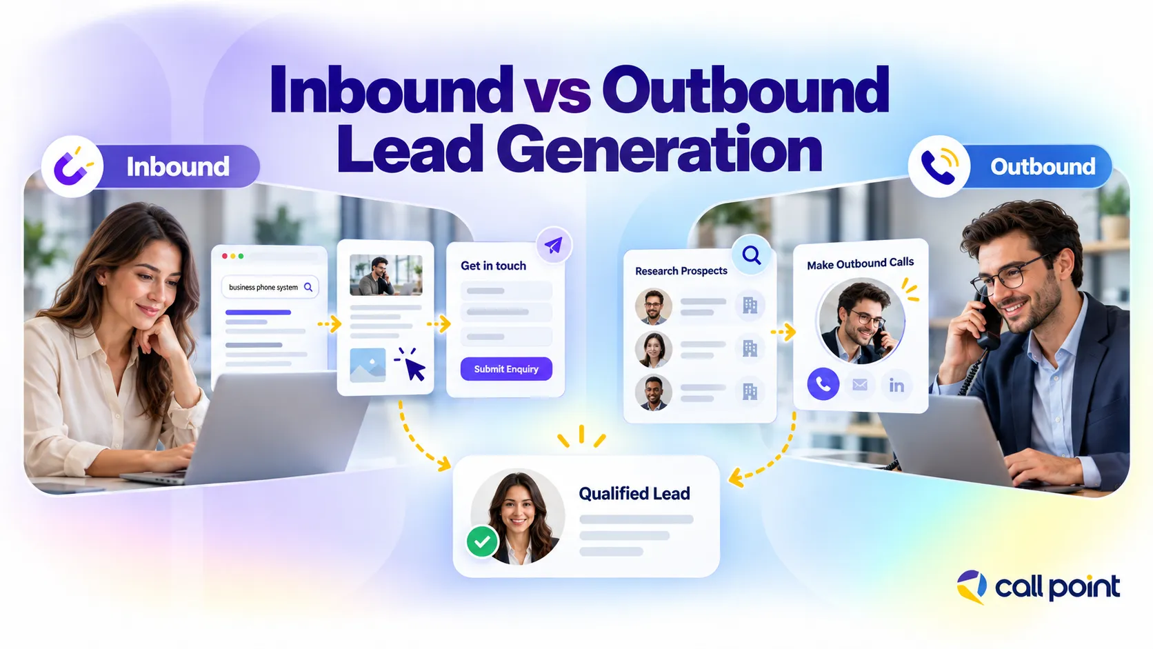 Inbound vs outbound lead generation showing buyer enquiries and direct prospect outreach