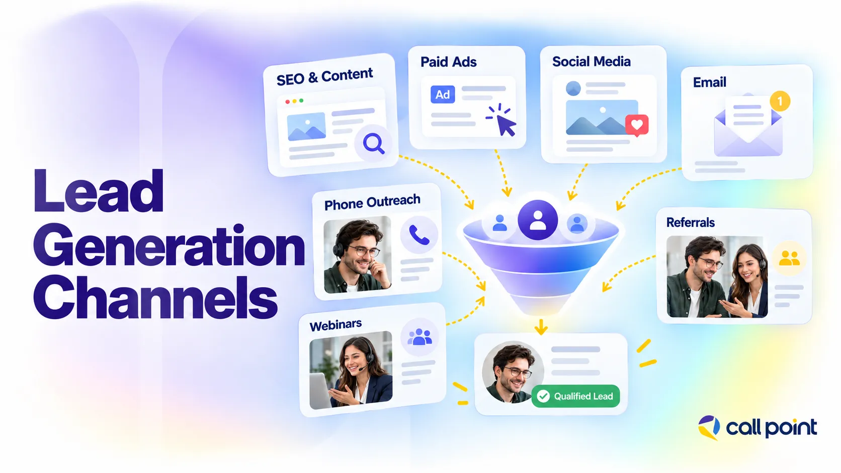 Lead generation channels including SEO, paid ads, social media, email, phone outreach and referrals