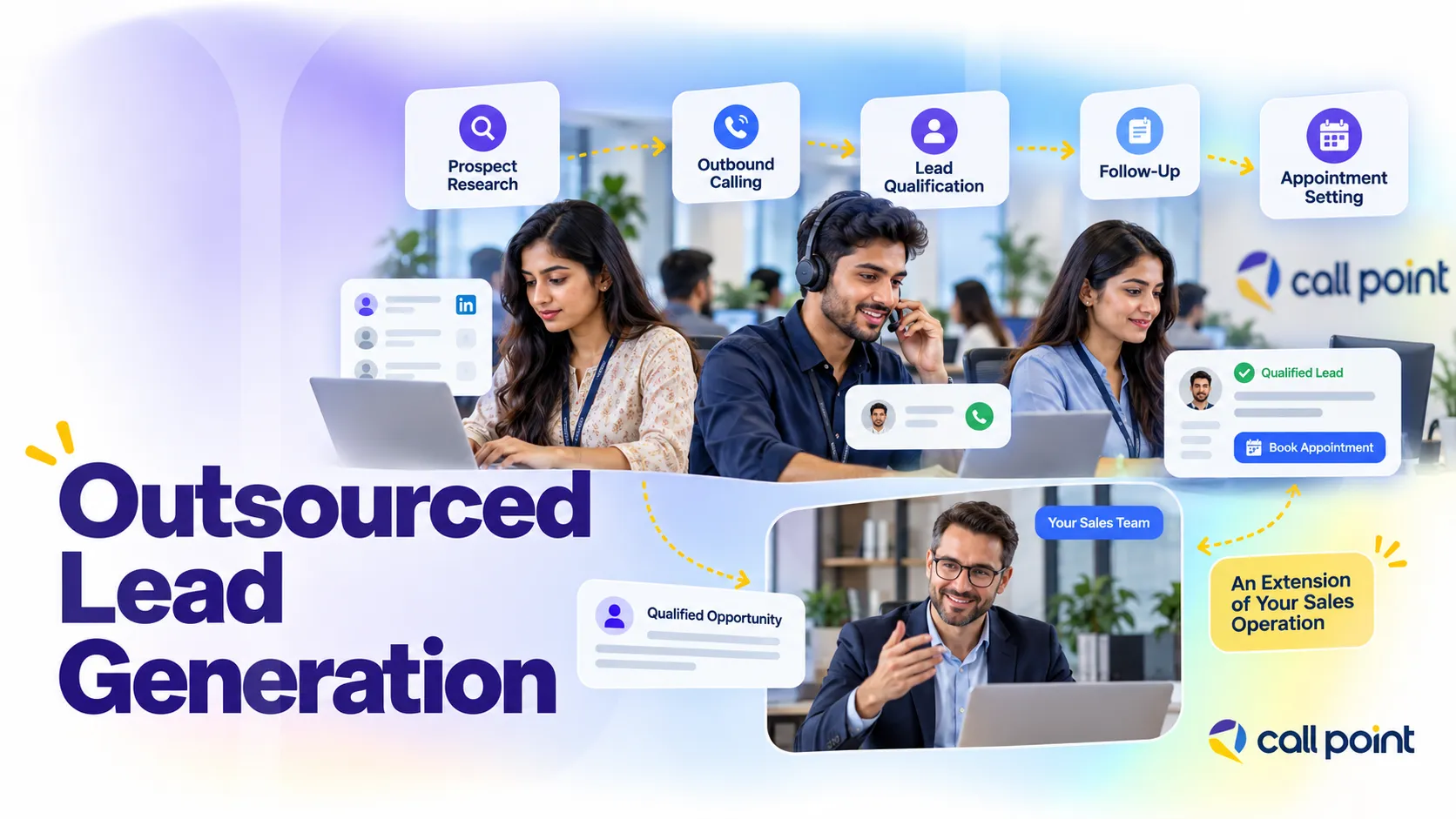 Outsourced lead generation team handling prospect research, outbound calling, qualification and appointment setting