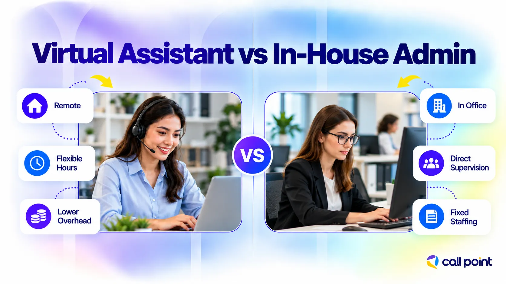 Virtual assistant vs in-house administrative employee comparing remote work, flexible hours, supervision and staffing