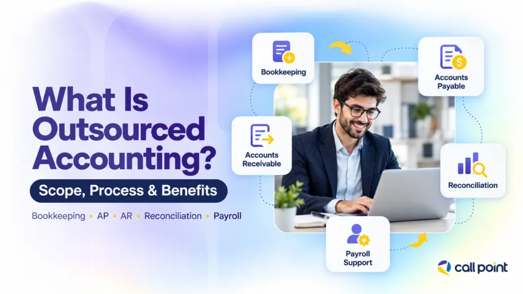 Finance professional working on outsourced accounting tasks including bookkeeping, payables, receivables and reconciliation